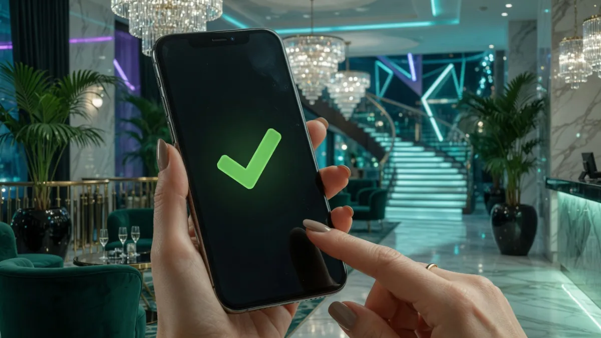 Smartphone com um visto verde e fichas de casino